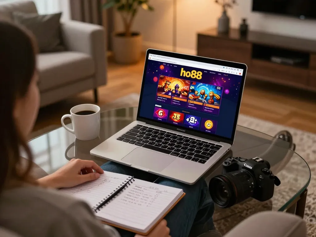 Engaging online gambling experience at ho88 with laptop displaying games in cozy living room setting.