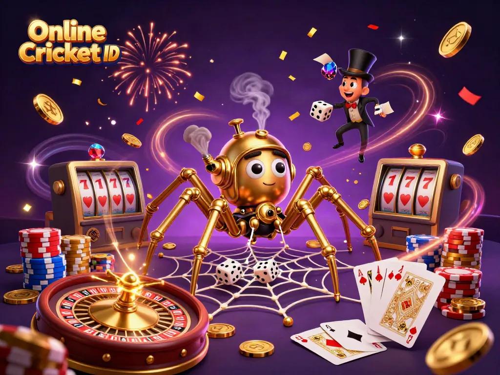 Engage with Online Cricket ID featuring a golden spider and Victorian fly in a casino-themed adventure.
