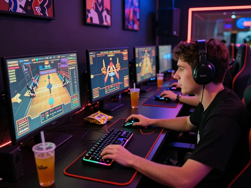 Exciting scene of a gamer focused on af88 casino game, surrounded by vibrant LED lights and gaming gear, showcasing competitive atmosphere.