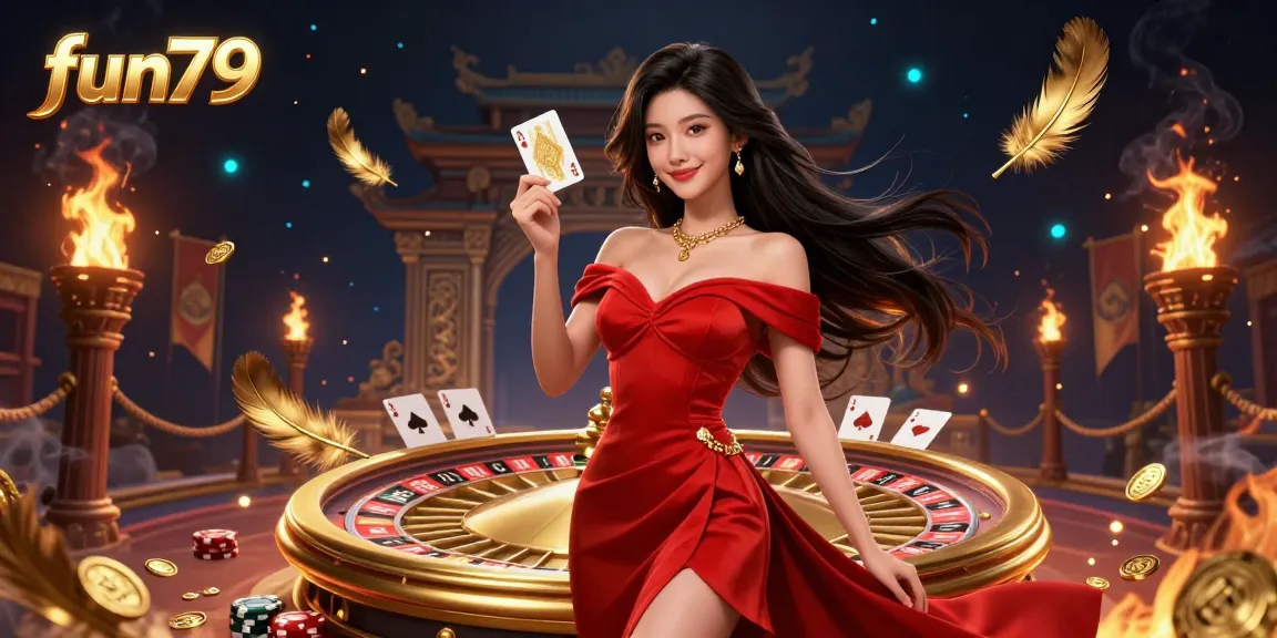 Experience the thrill at fun79 with an elegant young woman and golden roulette wheel in a vibrant casino scene.