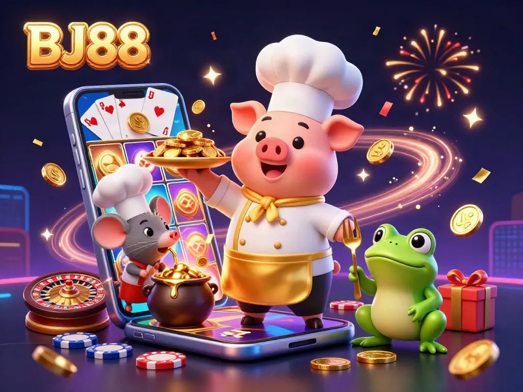 BJ88 showcases a vibrant 3D scene of fun characters and exciting gaming elements, celebrating online gambling.