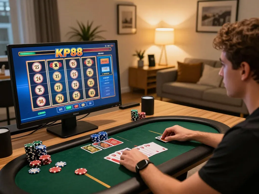 Player engaging with the KP88 online casino, focusing on slots and strategy, creating an entertaining environment.