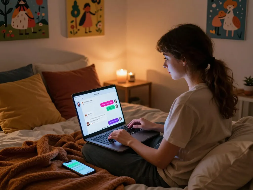 Engaging in an intimate ai sex chat experience on a laptop in a cozy bedroom.