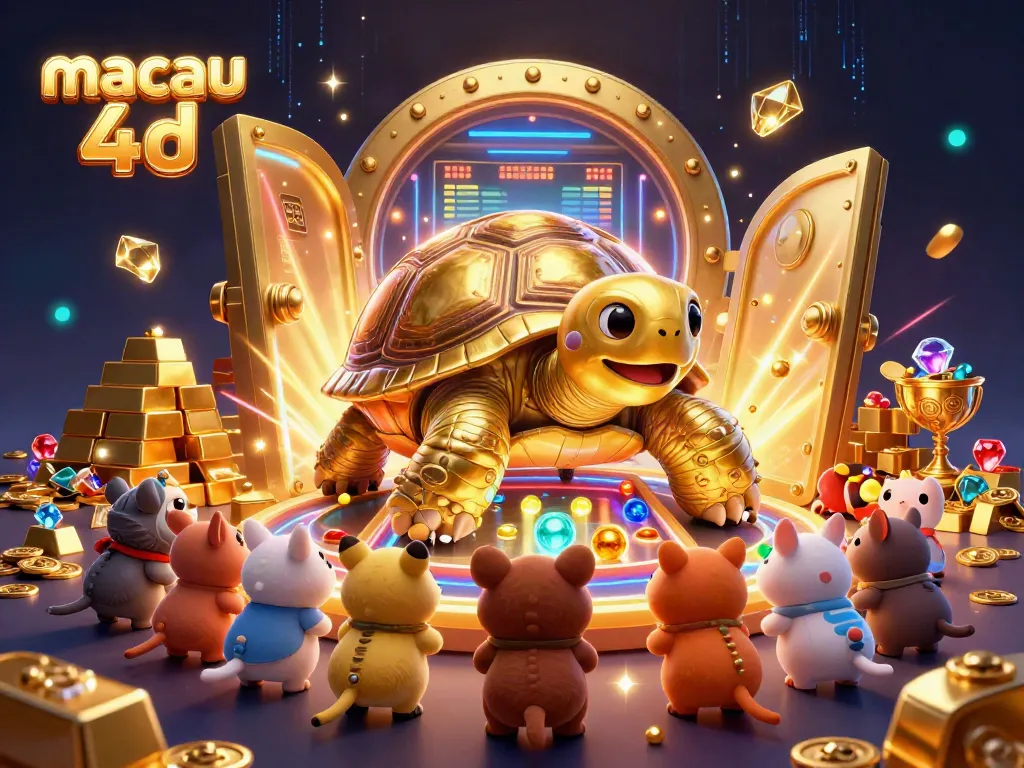 Mainkan angka keberuntungan macau 4d dalam ilustrasi kasino dengan penyu emas dan harta karun.