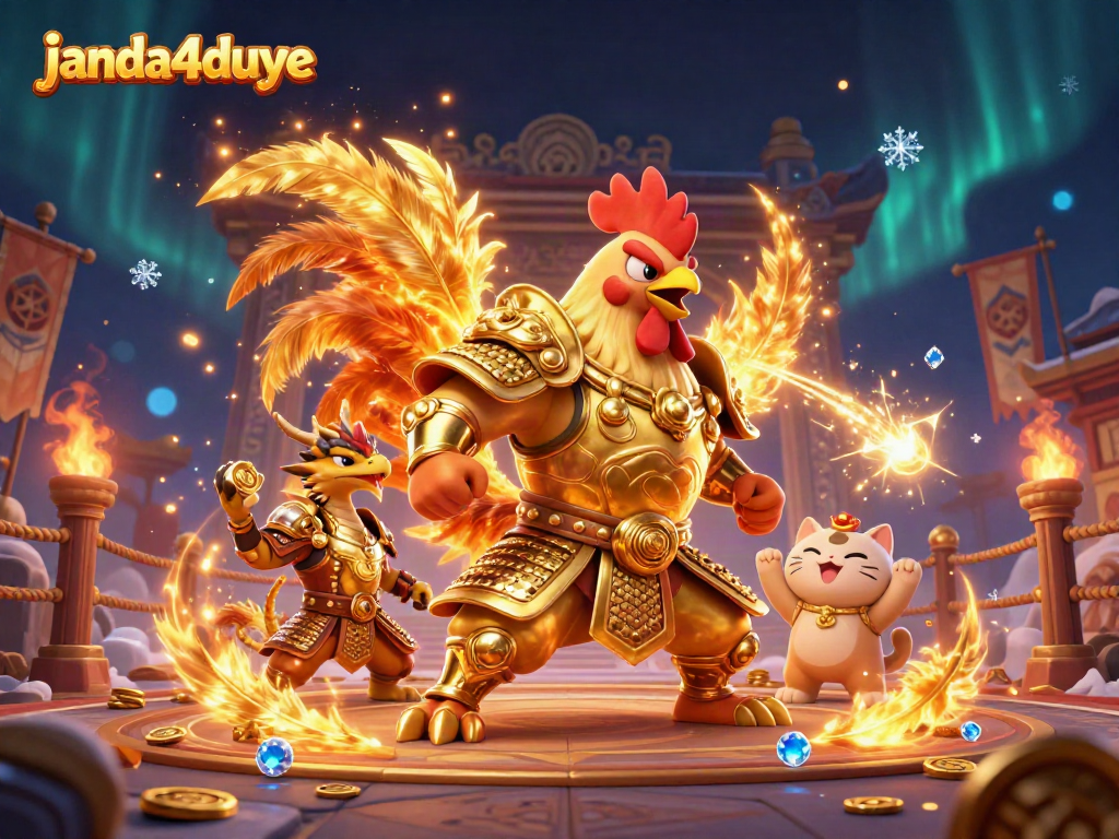 Menangkan pengalaman terbaik di janda4duye dengan ilustrasi pertarungan ayam dan naga.