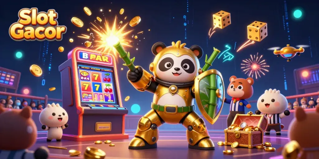 Experience Slot Gacor excitement with a mech-suit panda and dynamic jackpot explosion in this vibrant illustration.