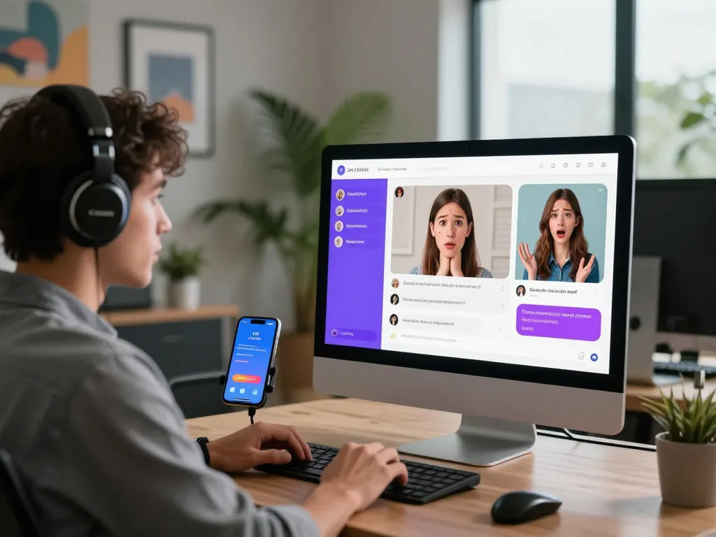 User interacting with ai sex chat on a sleek computer, showcasing engaging AI conversation and emotional connection in a stylish workspace.