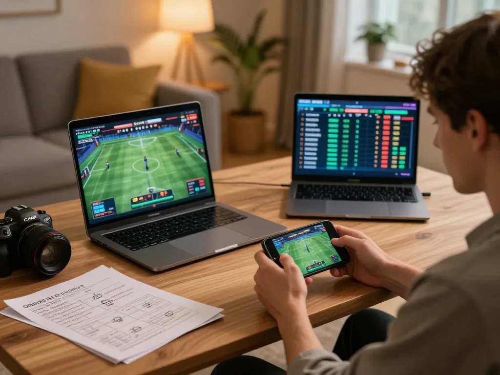 Person engaged in online sports betting at home, showcasing kp88vip's gaming strategies and atmosphere