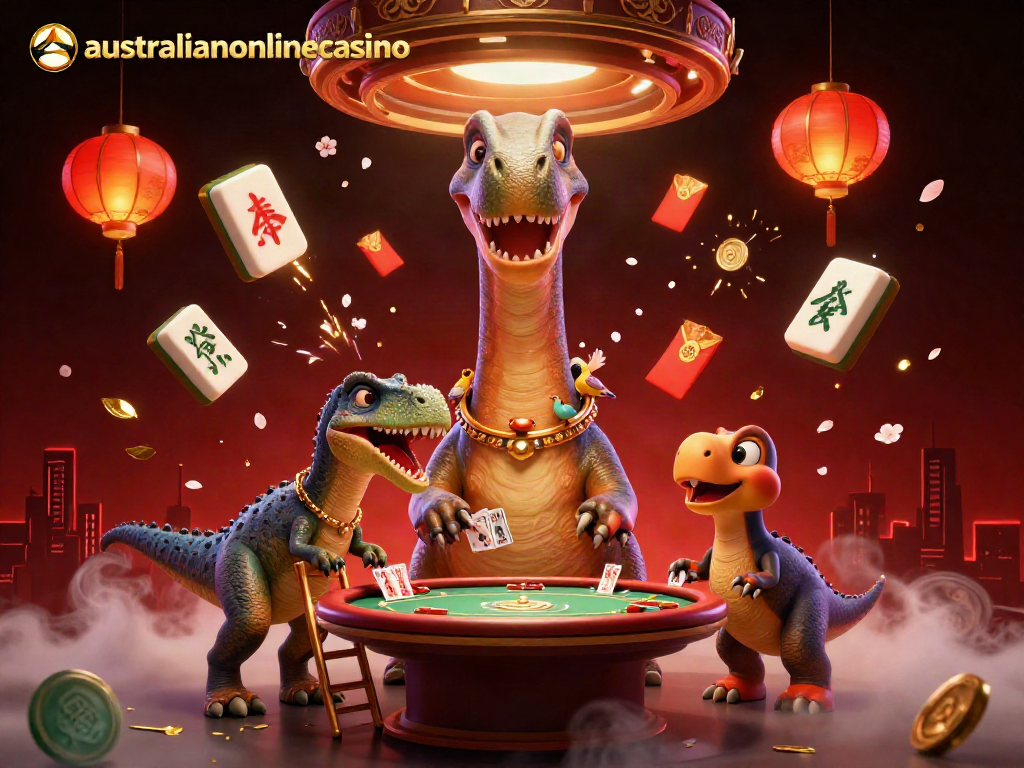 Engaging 3D casino scene with a giant brontosaurus, a clever raptor, and dynamic game elements for australianonlinecasino.