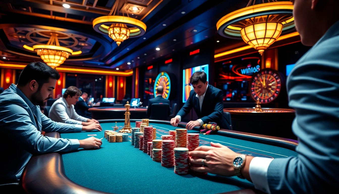 Players engaging in an intense poker game at win678 casino, surrounded by vibrant chips and cards.