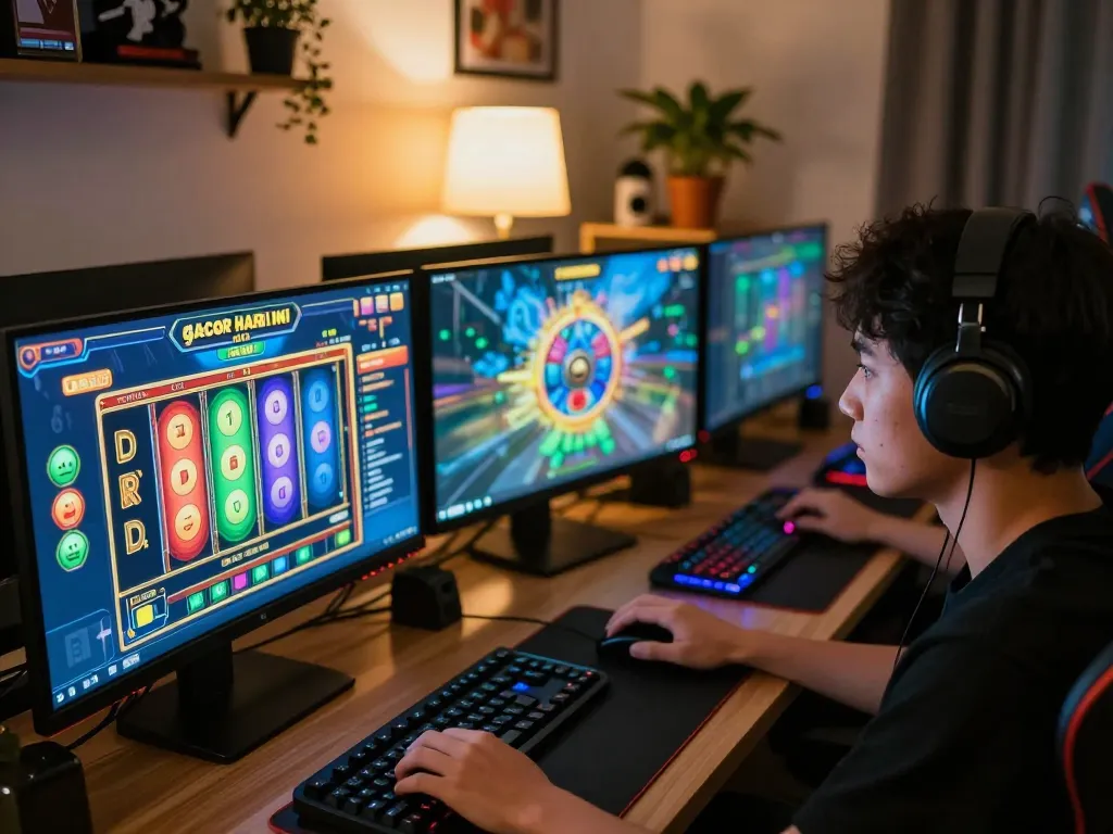 Player immersed in slot gacor hari ini gameplay on multiple screens in a cozy home office setting