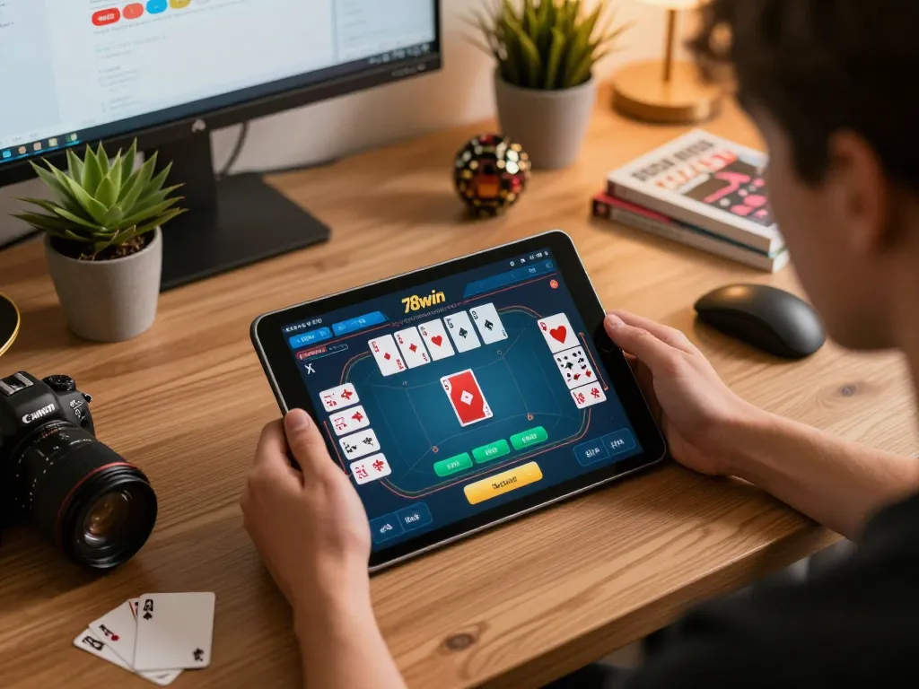 Engaged player using 78win app for online poker, vibrant home office setting, showcasing strategic gameplay.