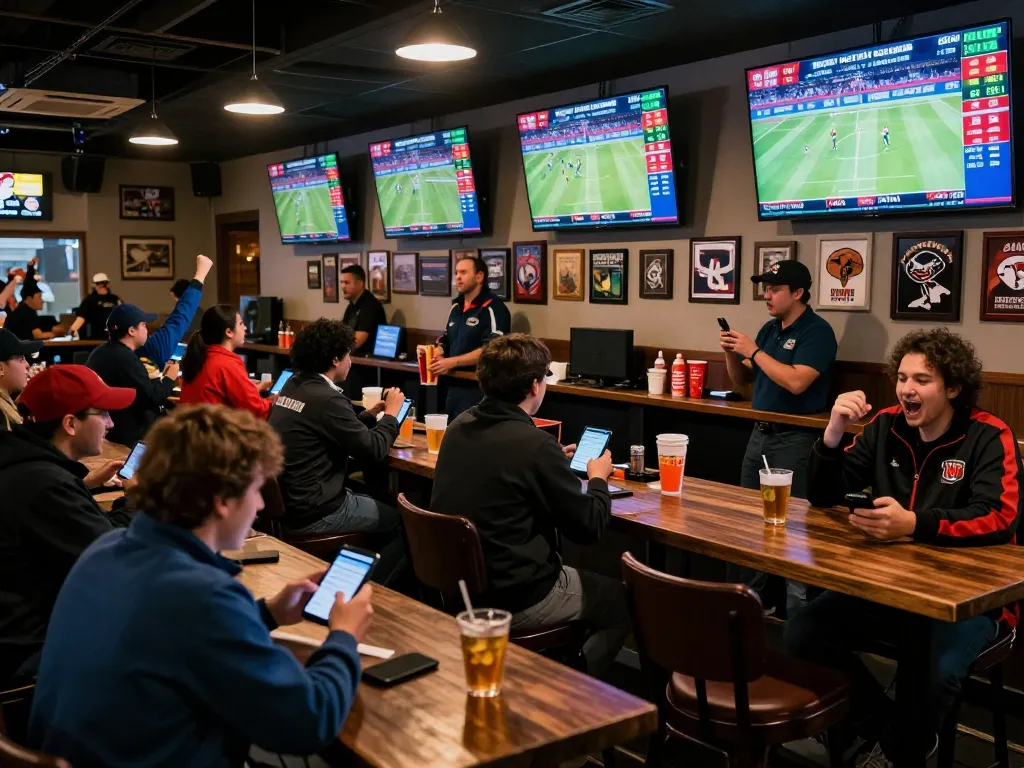 Fans placing bets on tỷ lệ kèo nhà cái 5 while enjoying live sports in a vibrant bar atmosphere