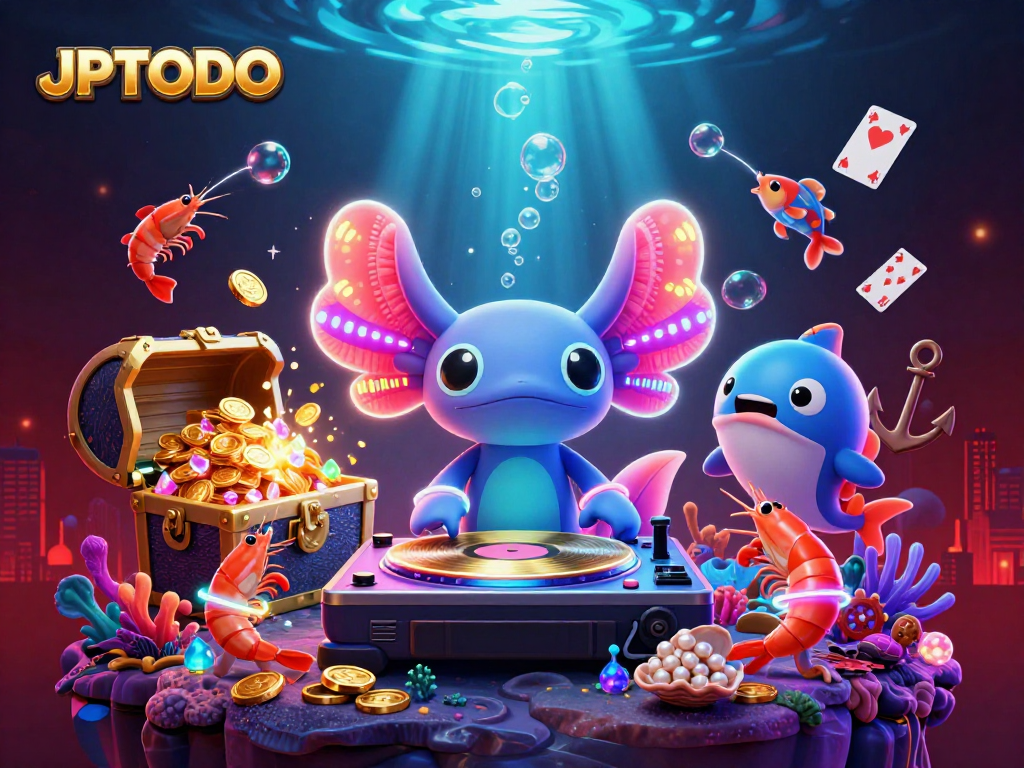 JPTOTO showcases a vibrant online casino scene with a DJ axolotl and colorful underwater elements.