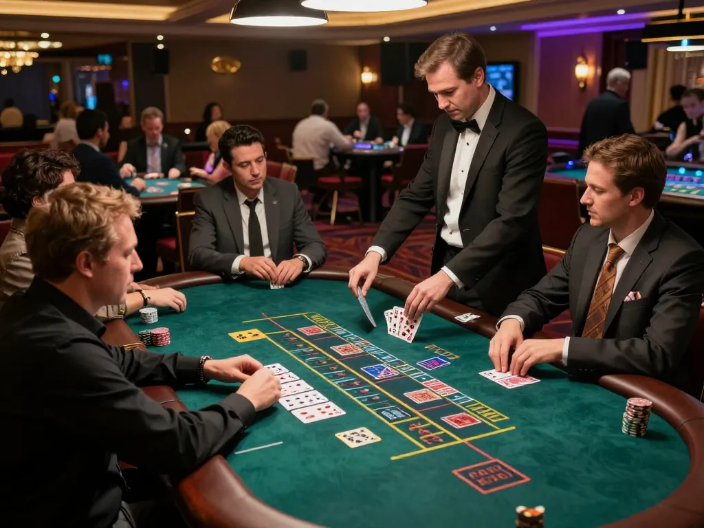 Engaging scene of a ww88 blackjack game in a vibrant casino, illustrating high-stakes gameplay and strategic decisions.