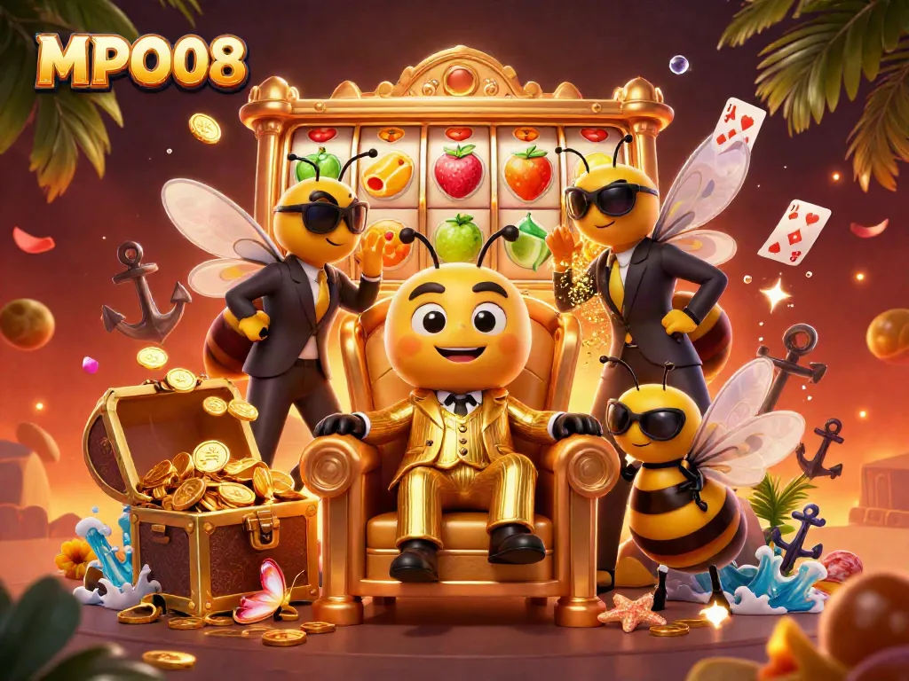 MPO08 engaging players with vibrant slot reels and dynamic characters in a colorful casino setting.