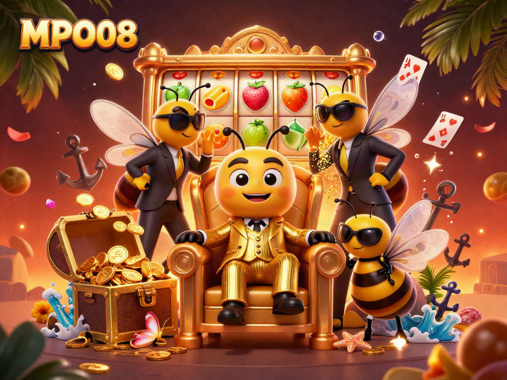 MPO08 engaging players with vibrant slot reels and dynamic characters in a colorful casino setting.