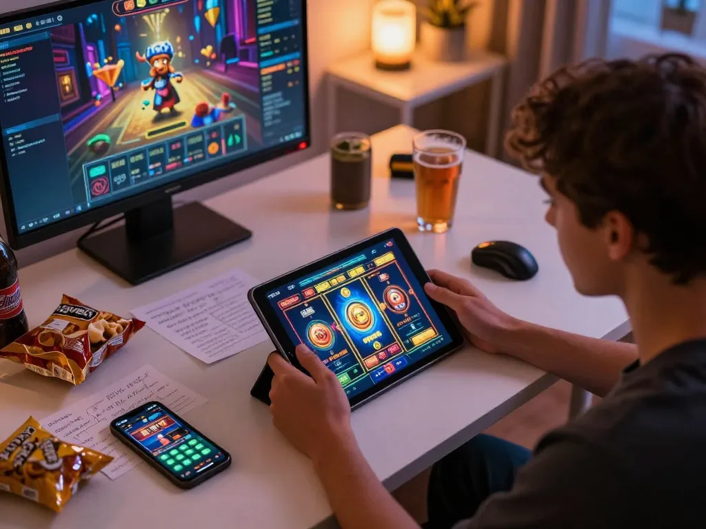 Pemain menikmati permainan slot online yang mendebarkan di tablet sambil menikmati minuman, momen bermain yang sempurna dengan toto.