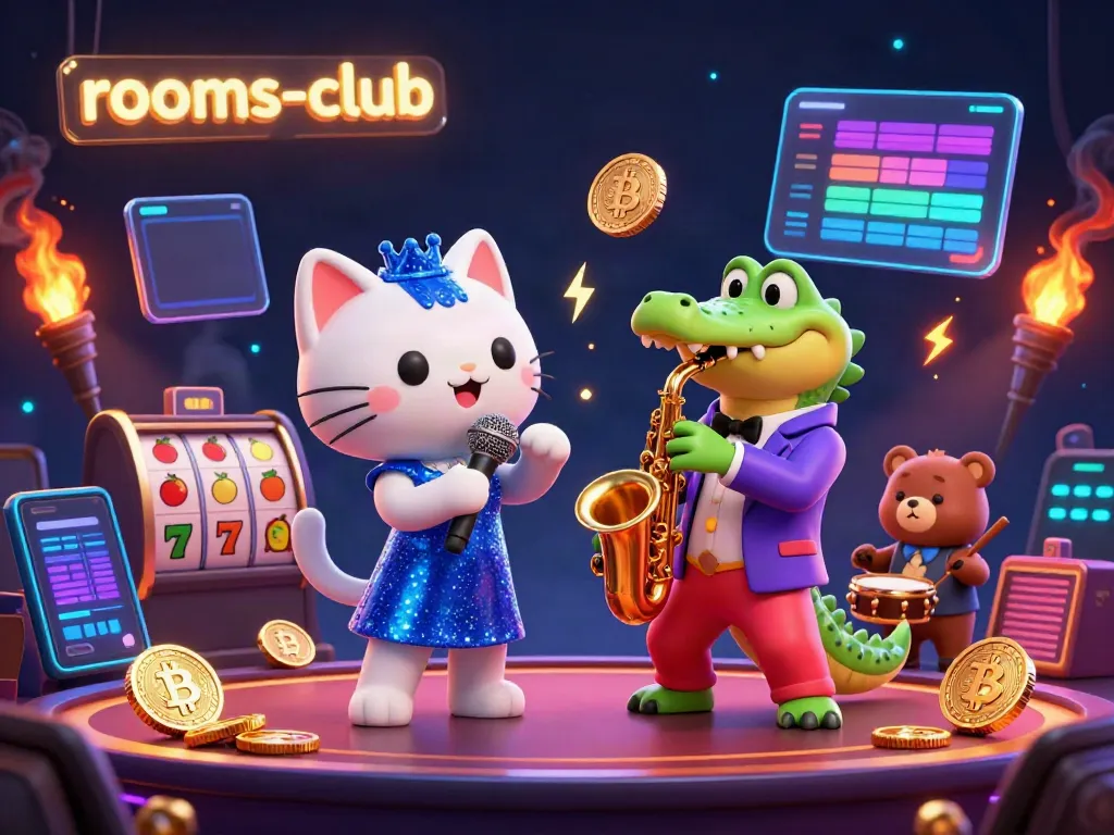 Permainan kasino yang meriah dengan karakter lucu, simbol slot, dan koin cryptocurrency menandakan keseruan rooms-club.