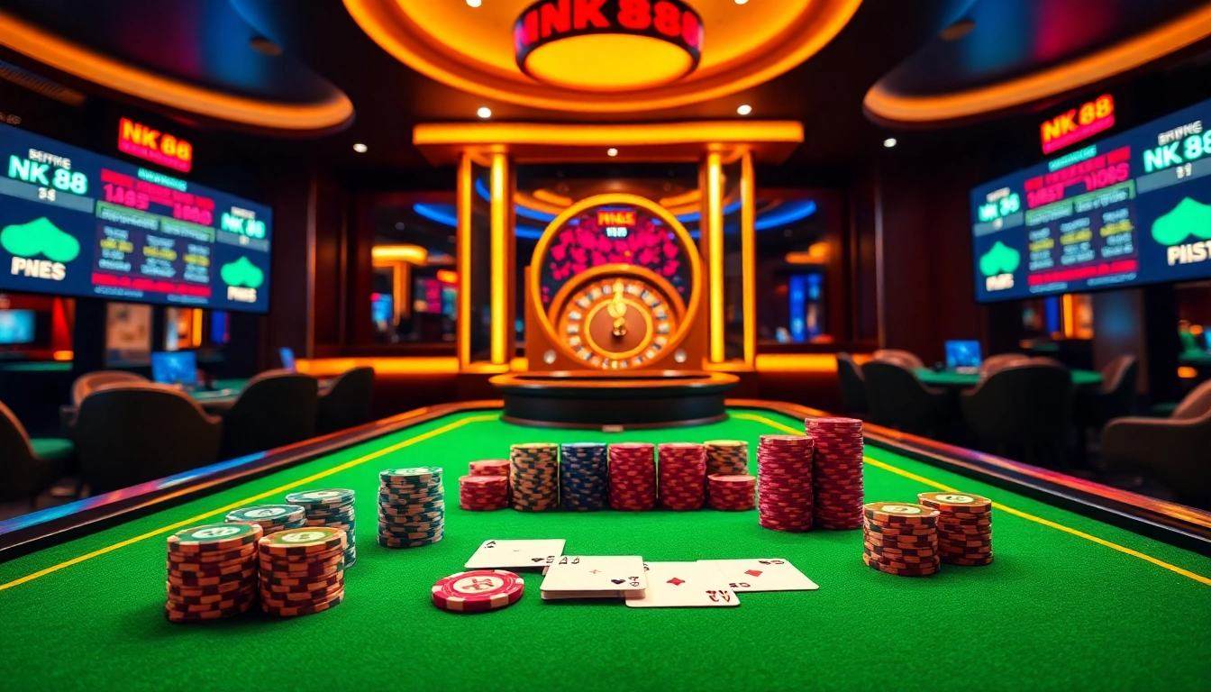 Player engaging with NK 88 poker chips and cards at a luxury casino table focusing on strategic betting