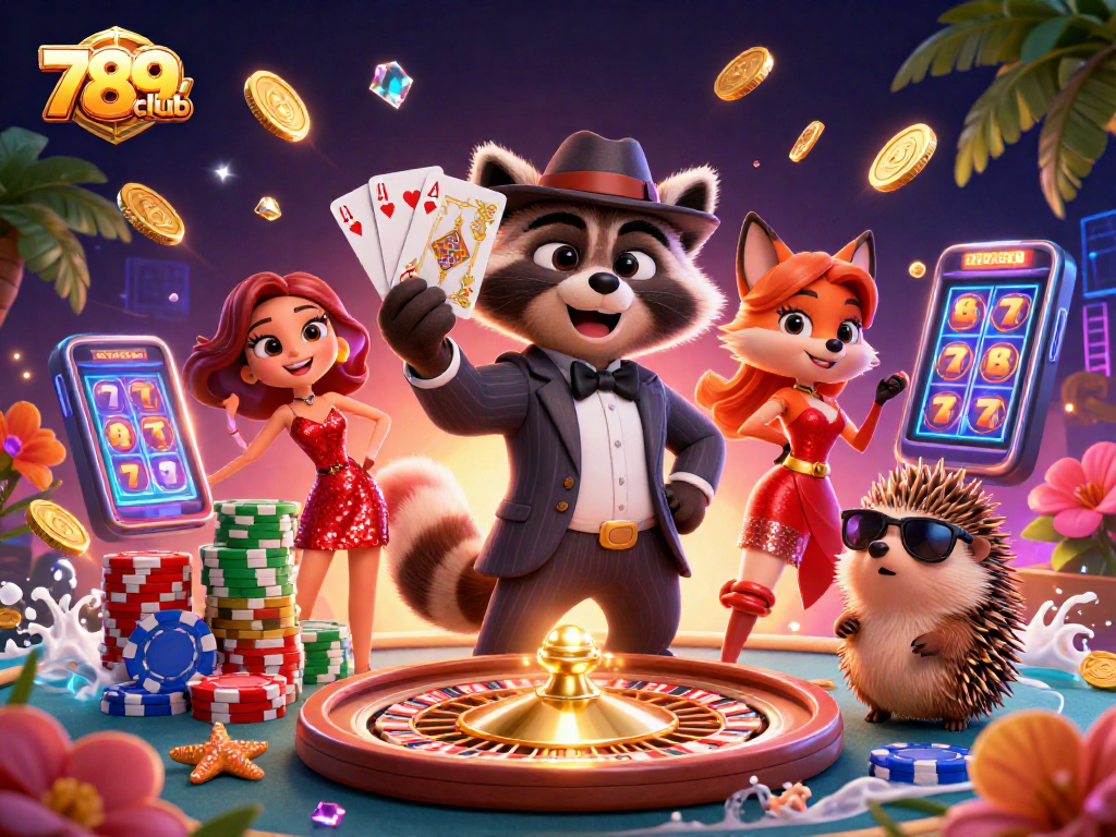 Enjoy thrilling games at 789club with character raccoon holding royal flush in casino setting.