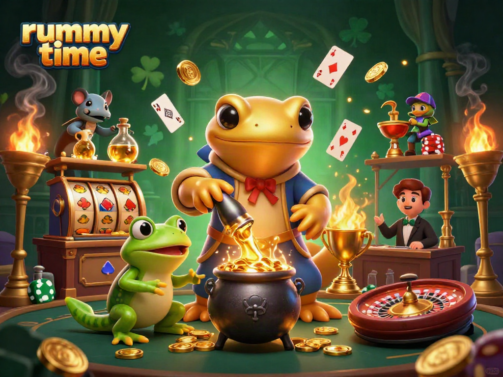 Experience thrilling rummy time gameplay as golden characters conjure riches amidst dynamic casino elements.