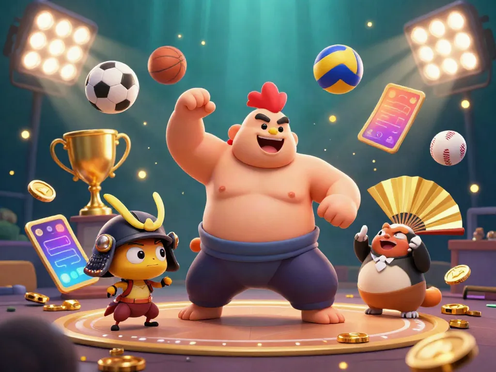 Experience thrilling action in bujangtoto with a sumo wrestler, samurai cricket, and tanuki announcer amidst vibrant gaming elements.