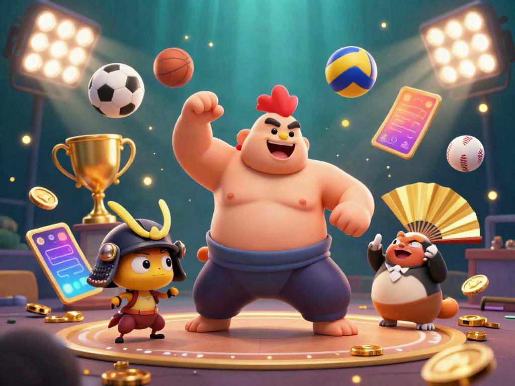 Experience thrilling action in bujangtoto with a sumo wrestler, samurai cricket, and tanuki announcer amidst vibrant gaming elements.