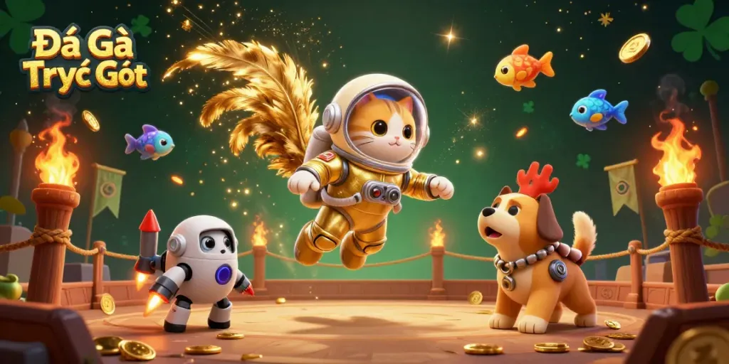 Engage in Đá Gà Trực Tiếp action with a vibrant cockfighting scene featuring detailed characters and dynamic elements.