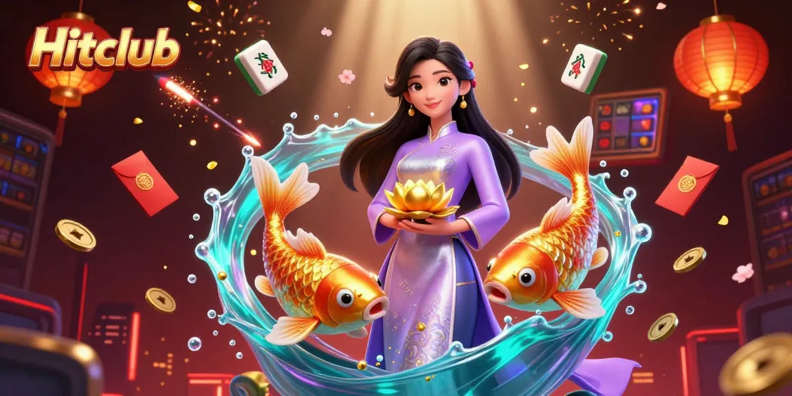 Experience winning with Hitclub's vibrant slots featuring an elegant Asian woman and koi fish in a casino scene
