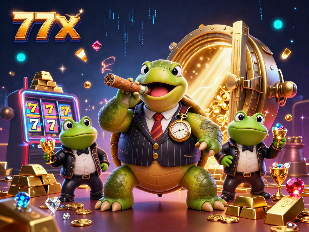 777x casino scene featuring a snapping turtle mobster and bullfrog enforcers amidst gold treasures.