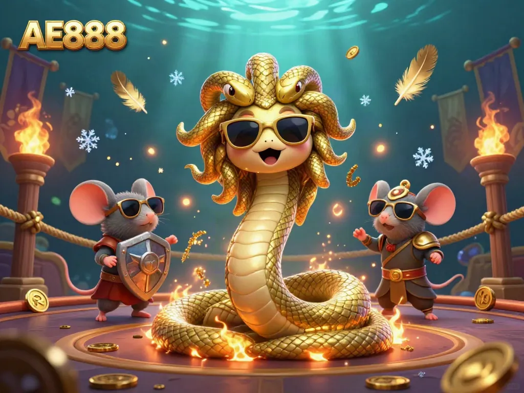 Engage with AE888’s vibrant casino experience featuring Medusa and a warrior in action.