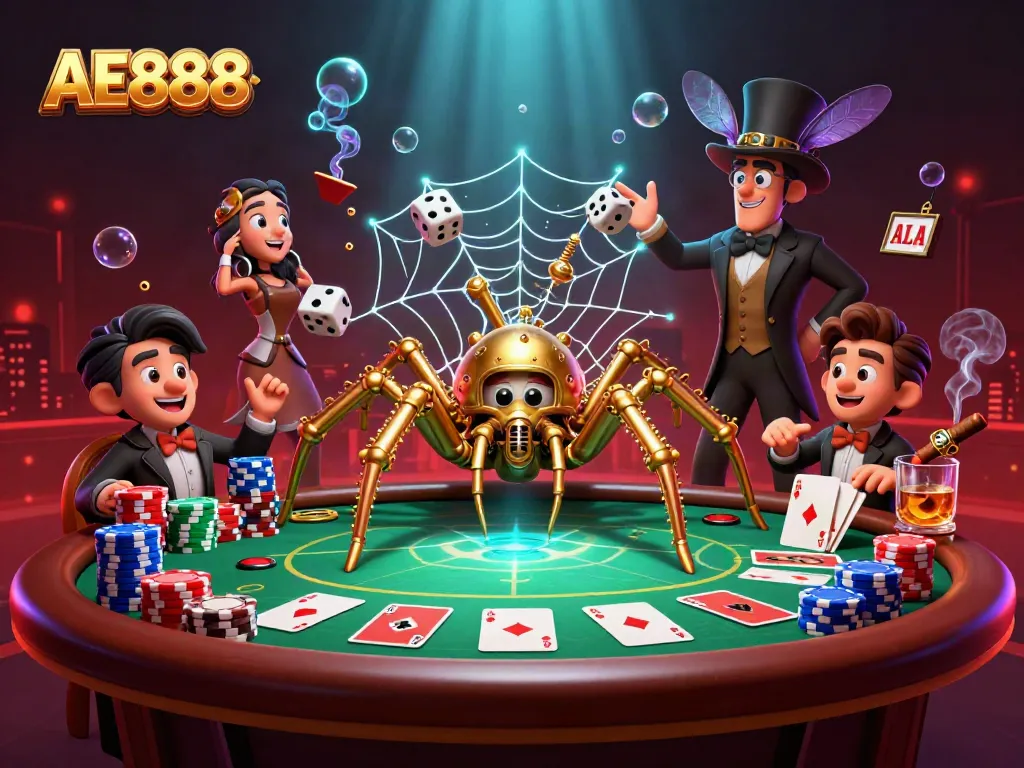 Engage with AE888's dynamic casino scene featuring a golden spider weaving a web of fortune around poker elements.