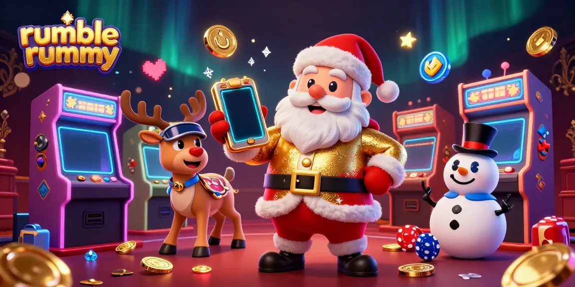 Experience the thrill of rumble rummy with this festive 3D casino illustration featuring vibrant characters and gaming elements.
