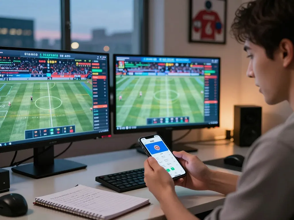 Focused individual engaging in hi88 đăng nhập on smartphone while observing sports betting odds.