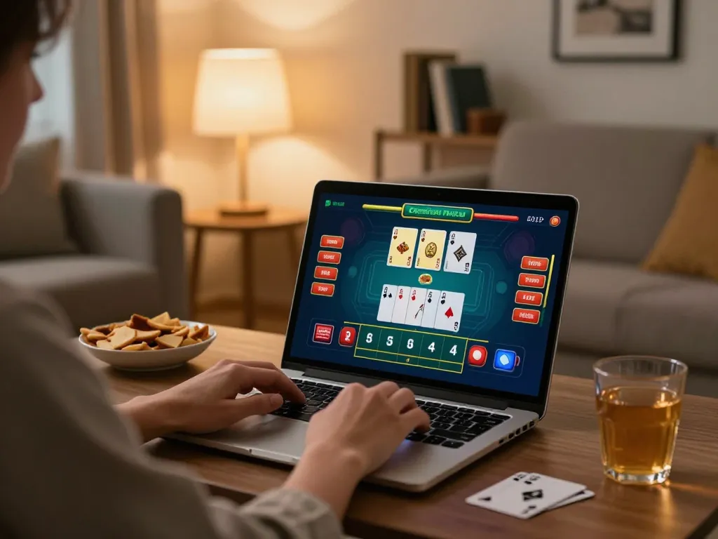 ku88 player engaged in online blackjack at home with vibrant game interface and cozy atmosphere.