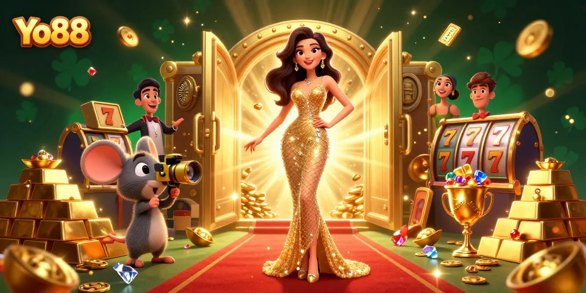 Spin and win with Yo88 in this dazzling 3D casino illustration featuring treasures and jackpots.
