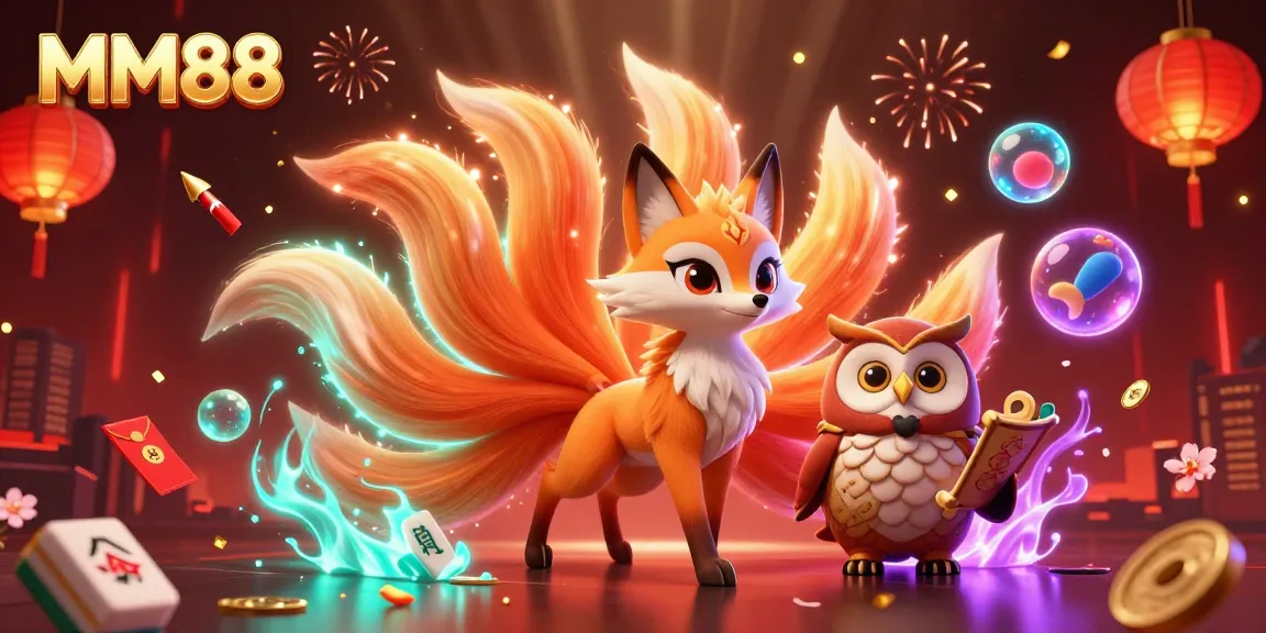 Engage with MM88's vibrant online casino world, illuminated by a nine-tailed fox and magical elements.