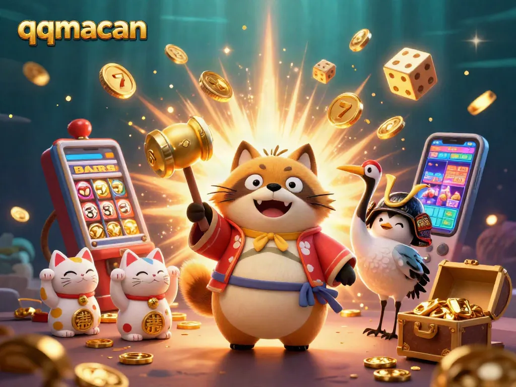 Experience thrilling wins at QQMacan, featuring a joyful tanuki and exciting casino elements.