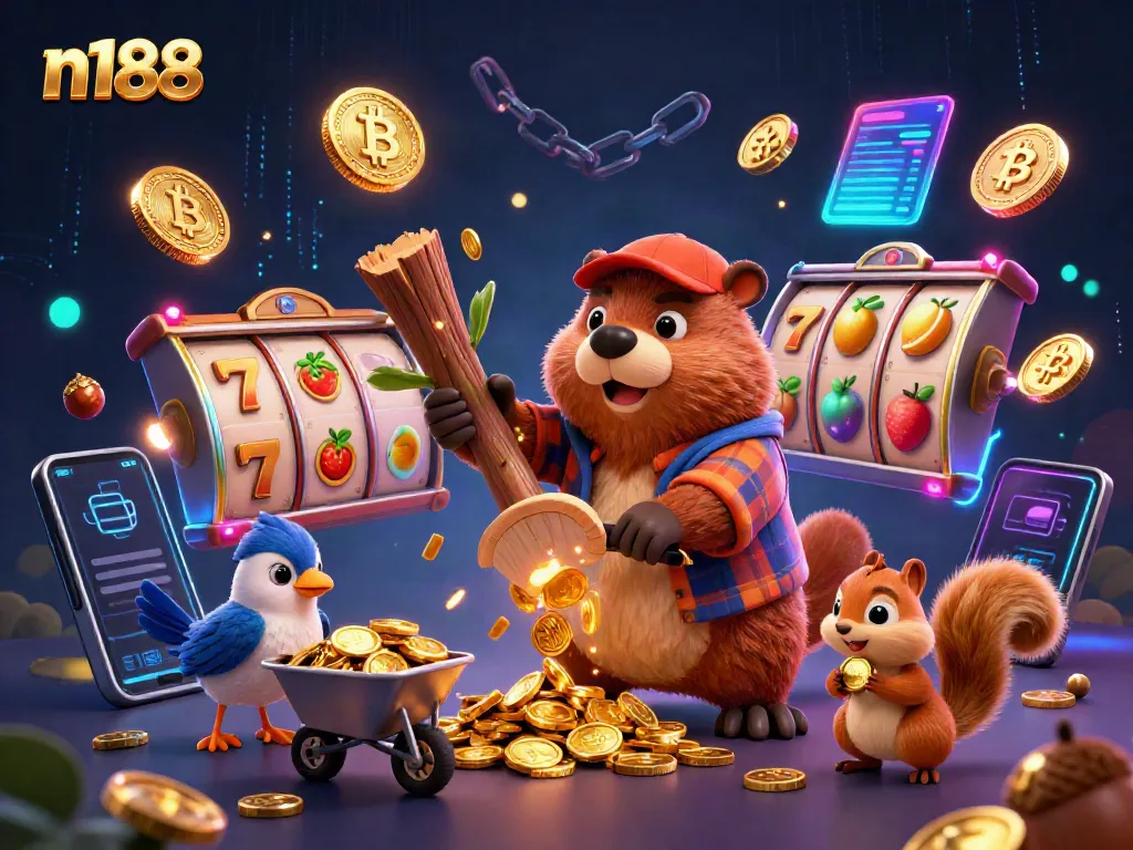 Experience thrilling wins at N188 with a dynamic 3D scene of cartoon characters and casino elements.