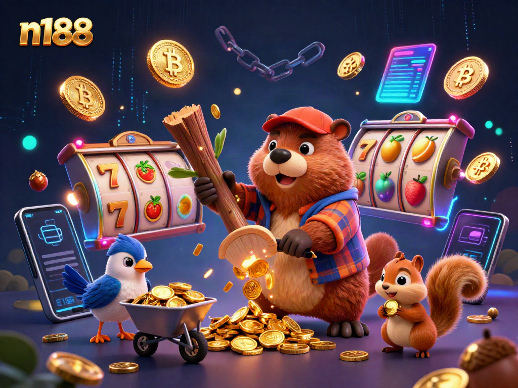 Experience thrilling wins at N188 with a dynamic 3D scene of cartoon characters and casino elements.