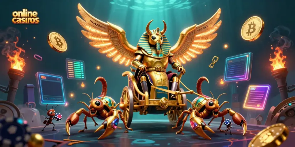 Engaging illustration showcasing online casinos with a golden scarab beetle chariot and crypto elements for immersive gaming.