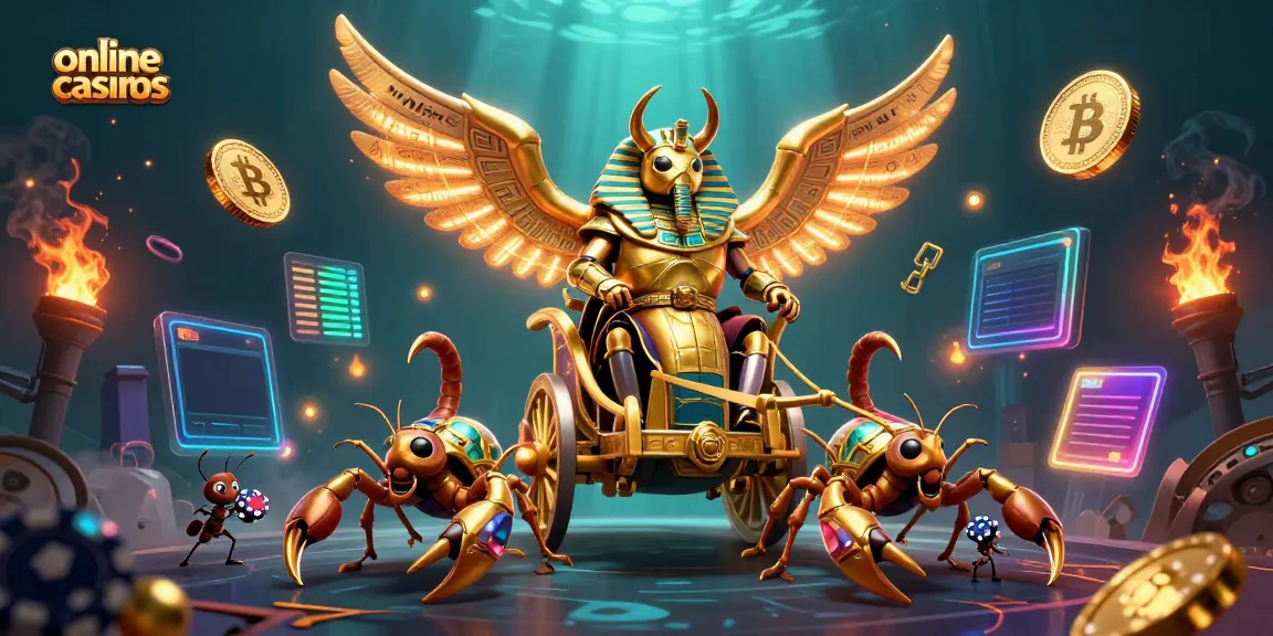 Engaging illustration showcasing online casinos with a golden scarab beetle chariot and crypto elements for immersive gaming.