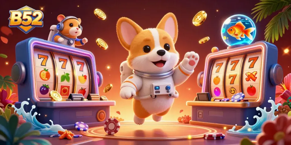 B52 showcases a vibrant casino scene with an astronaut corgi, floating poker chips, and colorful slot reels.