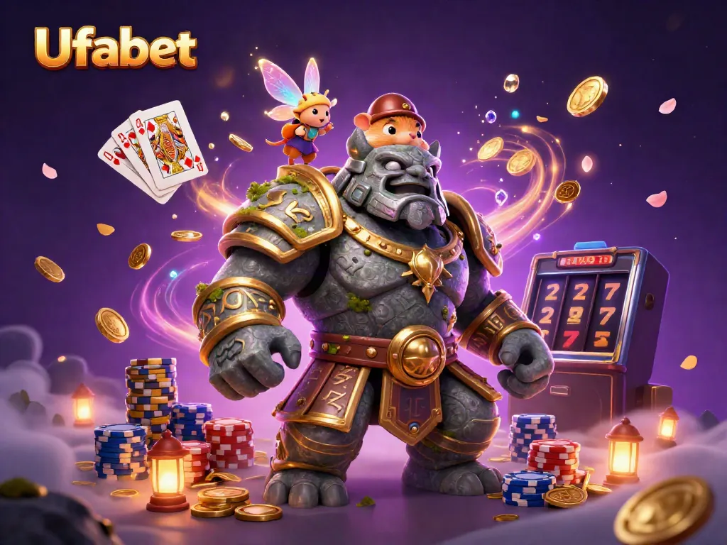 Experience the magic of Ufabet with a golem guardian, fairy companion, and hamster knight surrounded by casino treasures.