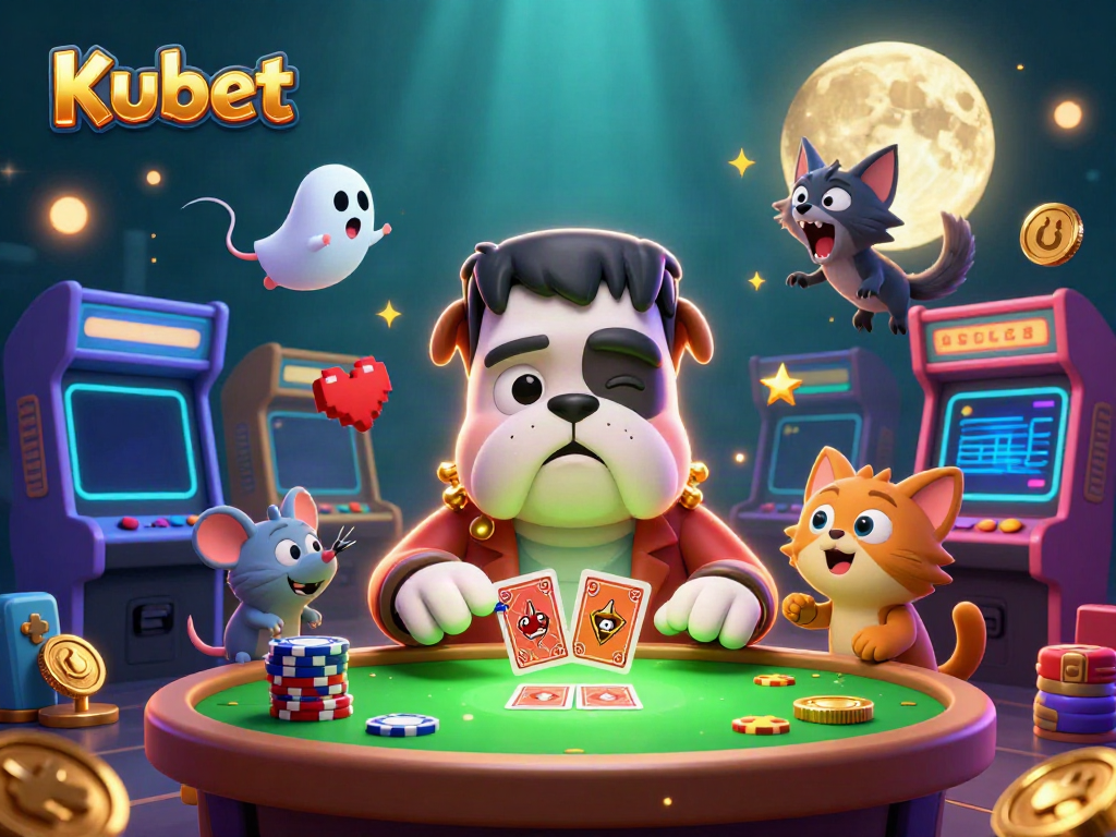 Kubet gaming scene featuring a Frankenstein bulldog monster dealing cards with neon arcade elements