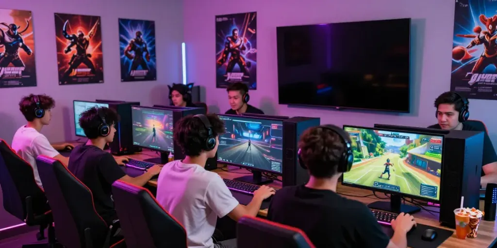 Friends immersed in an online gaming session, showcasing akunjp gaming culture.