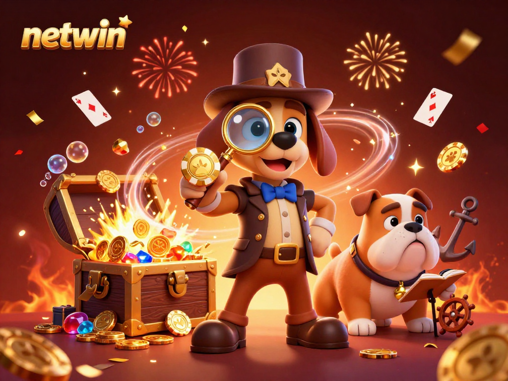 Engaging scene of netwin's detective duo uncovering treasure with dynamic casino elements.