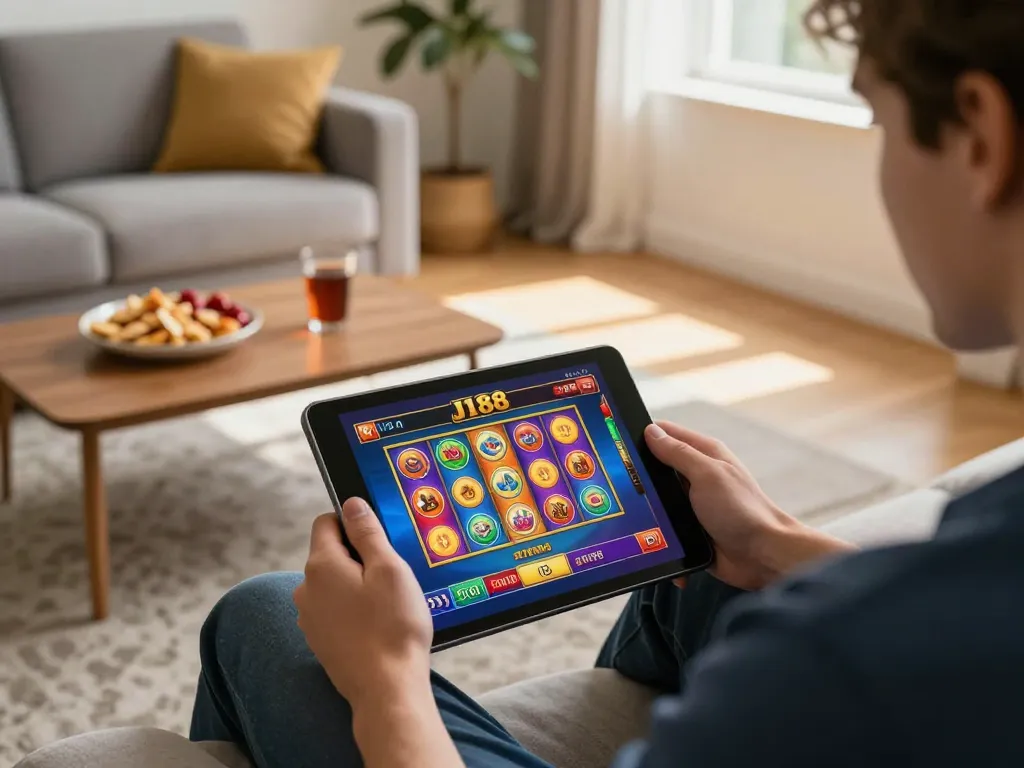 Player using J188 online casino app on tablet in cozy home setting, enjoying gaming experience