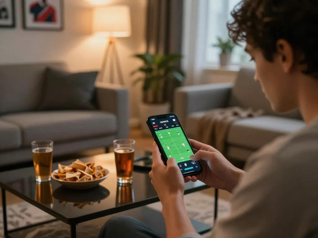 Engaged sports betting at 789f app with live match odds on smartphone in cozy setting